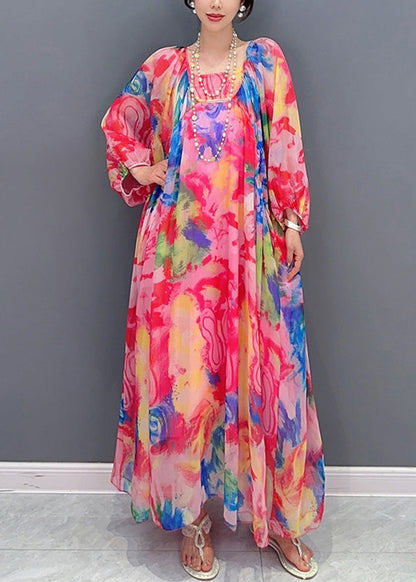 Multicolor Square Collar Print Chiffon Maxi Dress Long Sleeve