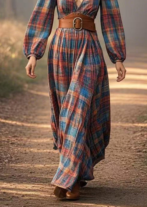 Brown Deep-v Neck Plaid Cotton Holiday Dresses Spring