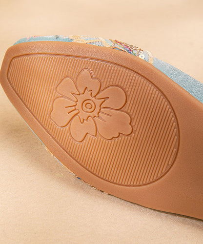 Light Blue Satin Embroideried Shoes Splicing Wedge Pointed Toe