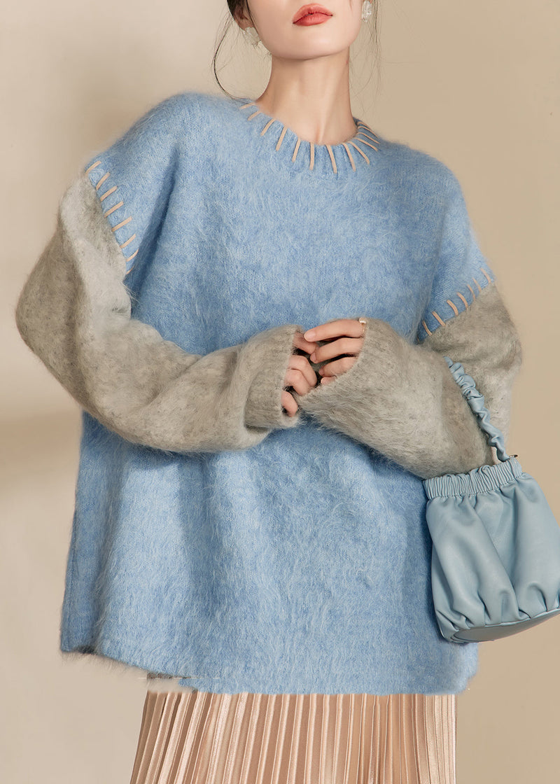 Loose Blue O-neck Patchwork Thick Cotton Knit Sweaters Winter