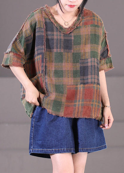 Chocolate V Neck Patchwork Plaid Cotton Linen Tops Short Sleeve