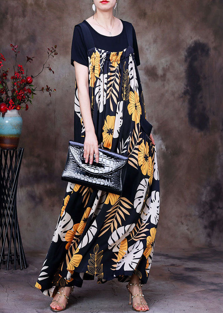 Italian Black Pockets Print Silk Pleated Spaghetti Strap Dress and Tank Two Pieces Set Summer