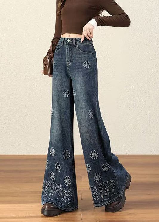 Handmade Blue Embroidered Hollow Out Denim Flared Trousers Fall