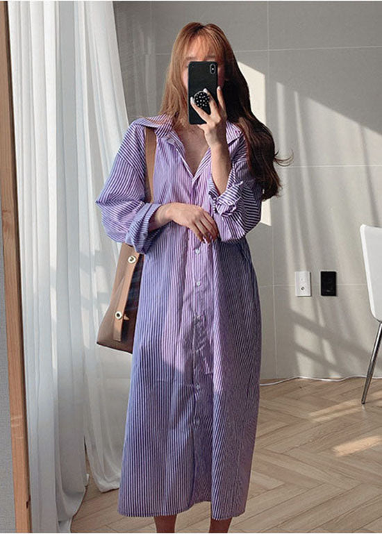 Purple Peter Pan Collar Striped Cotton Shirt Dresses Spring