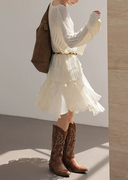 White Asymmetrical Ruffles Chiffon Skirt Spring