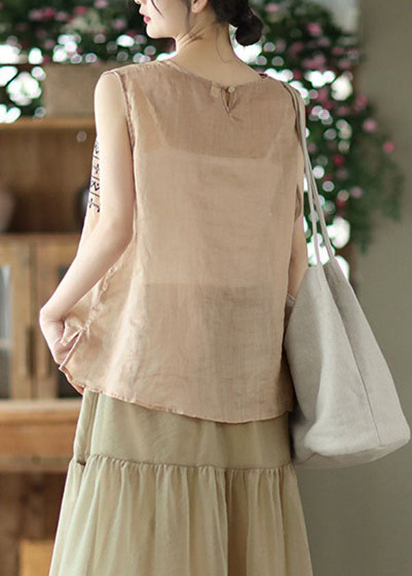 Khaki Low High Design Linen Beach Tanks Sleeveless