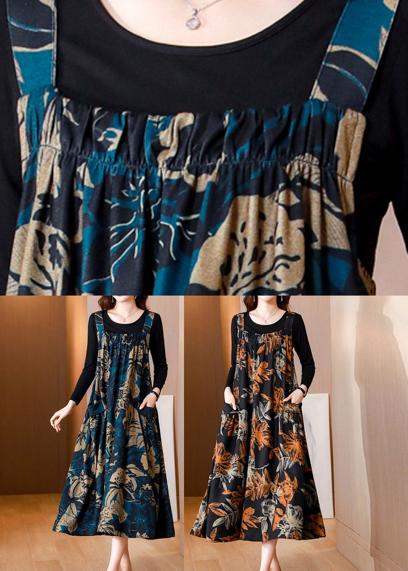 Blue Slash Veck Print Top and Slip Dress Two Piece Set Summer