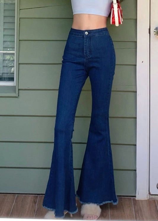 Navy High Waist Button Flared Trousers