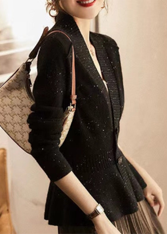 Black V Neck Dot Button Thick Cashmere Sweater Long Sleeve