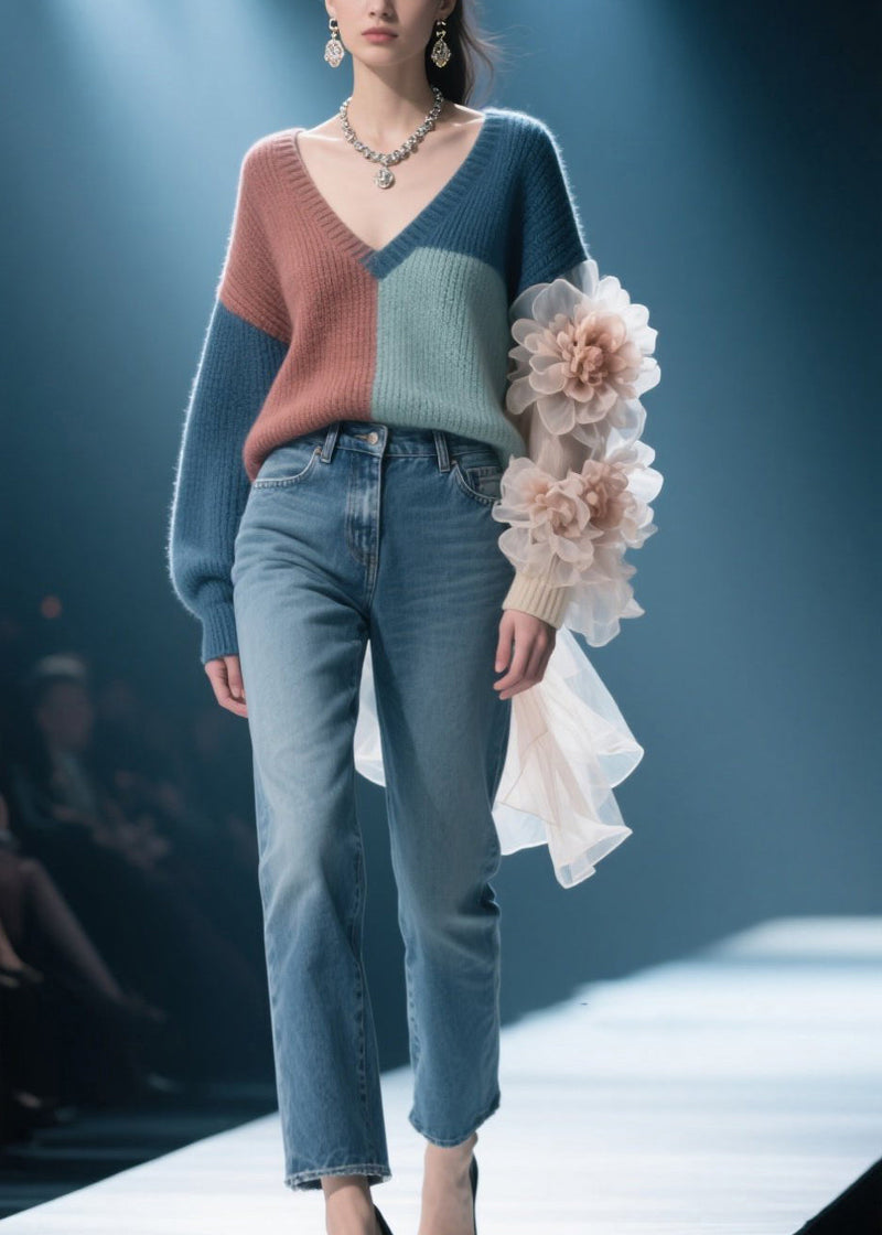 Colorblock V Neck Knit Pullover Fall