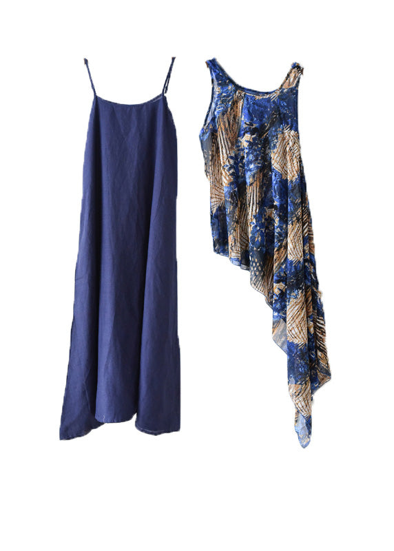 Blue Asymmetrical Print Chiffon Top and Linen Spaghetti Strap Dress Two Pieces Set Summer
