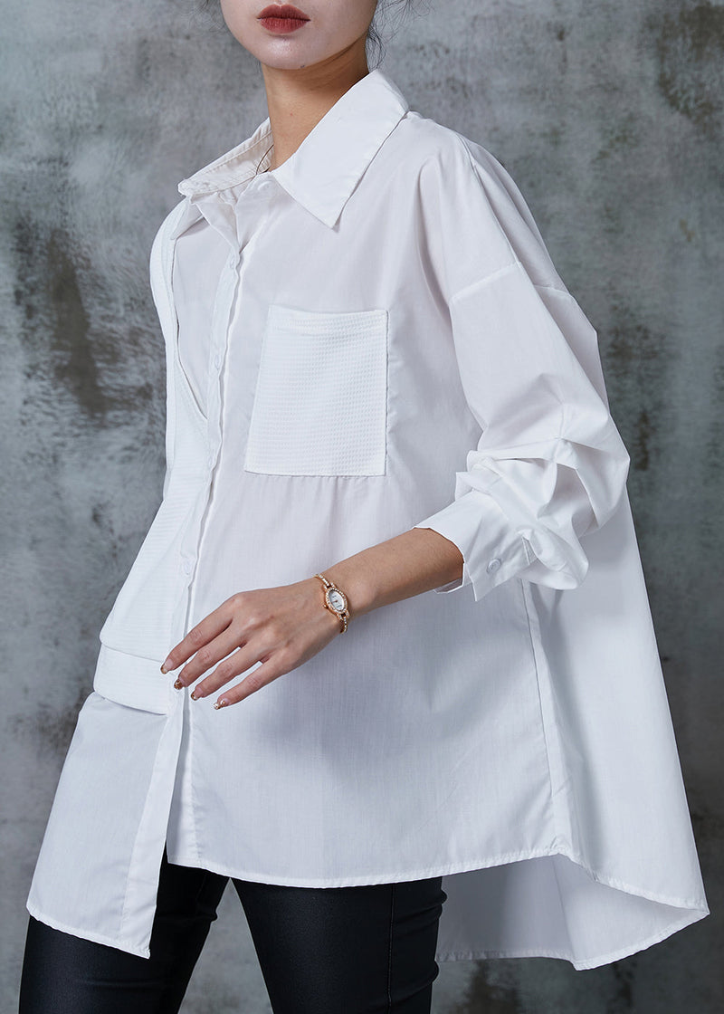 Diy White Asymmetrical Patchwork Cotton Fake Two Piece Shirt Tops Spring