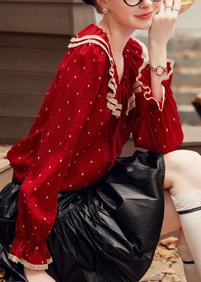 Red V Neck Dot Patchwork Tie Lace Shirt Fall