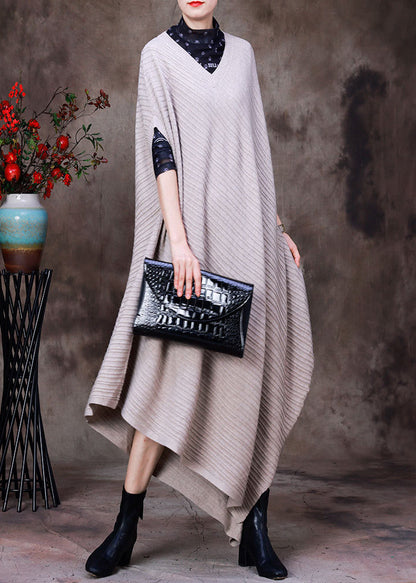 Beige V Neck Asymmetrical Woolen Knit Long Sweater Fall