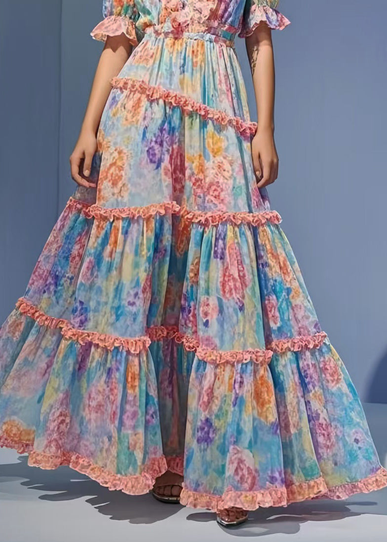 Flower Print Chiffon Party Dress Ruffled Exra Large Hem Summer