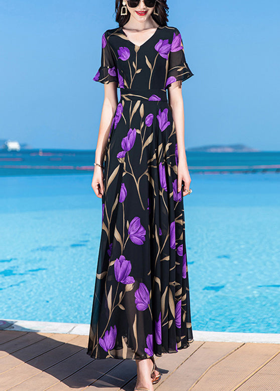 Black Print Tunic Silk Maxi Traveling Dress Short Sleeve