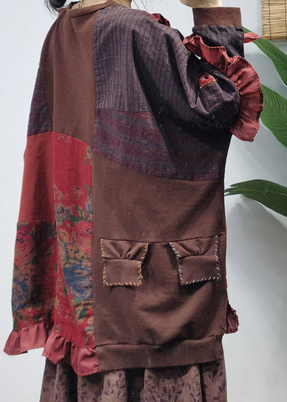 O-neck Asymmetrical Design Ruffled Patchwork Cotton Top Long Sleeve