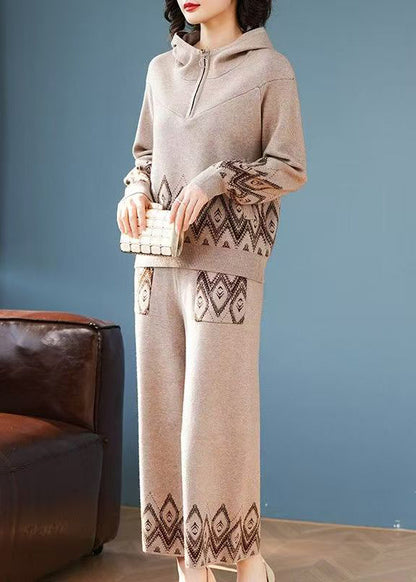 Print Patchwork Cotton Knit Hooded Coats and Wide Leg Pants Two Pieces Set Fall