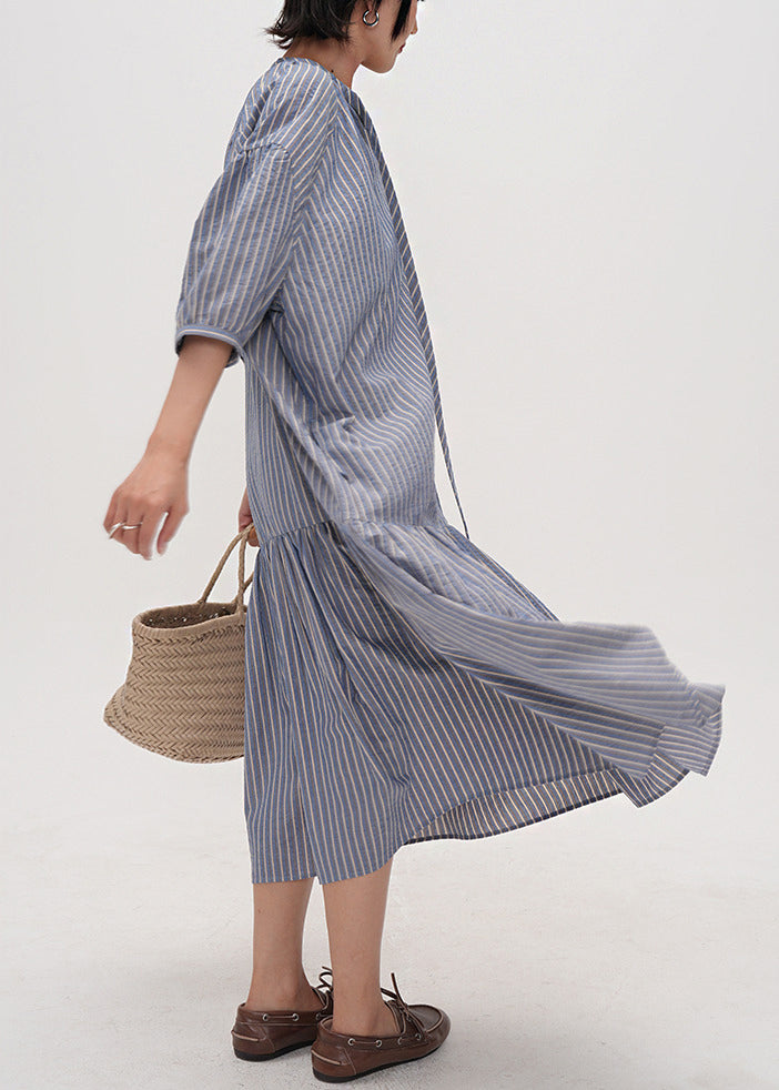 Diy Blue Striped Patchwork Cotton Long Dress Half Sleeve