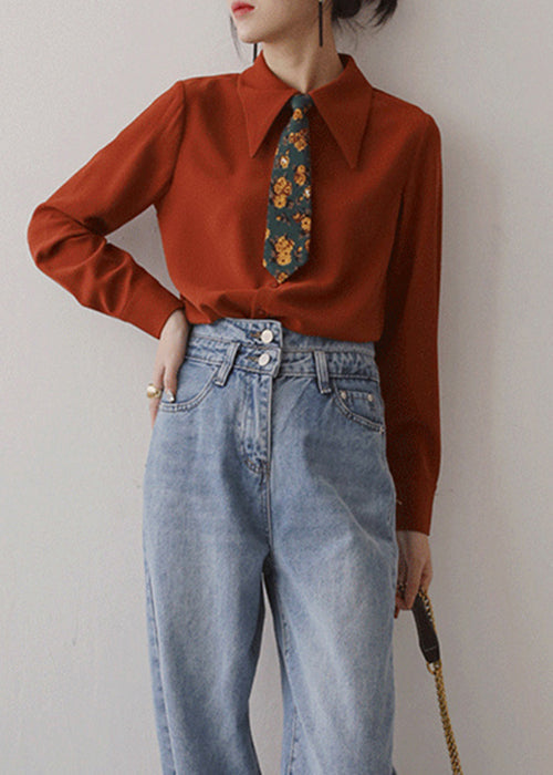 Italian Rust Button Chiffon Blouses Long Sleeve