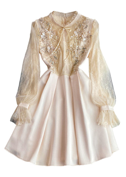Apricot Stand Collar Tulle Patchwork Nail Bead a Line Maxi Dresses Long Sleeve