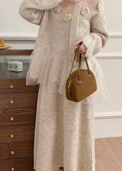 Beige Patchwork Knit Two Piece Set Clothing Winter