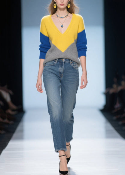 Colorblock V Neck Patchwork Warm Sweater Tops Winter