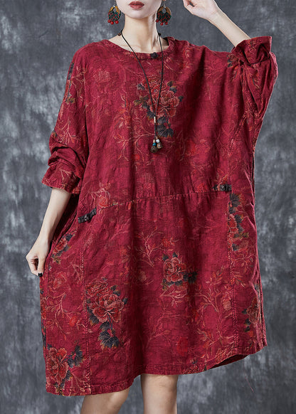 Red Oversized Print Linen Oriental Dress Fall