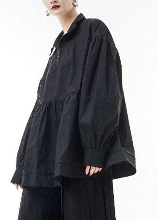 Black Wrinkled Zip Up Shirt Tops Lantern Sleeve