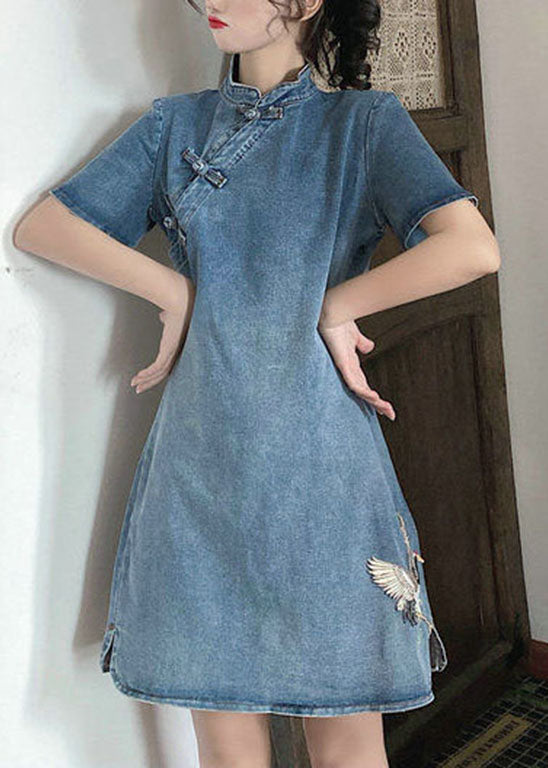 Blue Stand Collar Button Embroideried Denim Dresses Short Sleeve