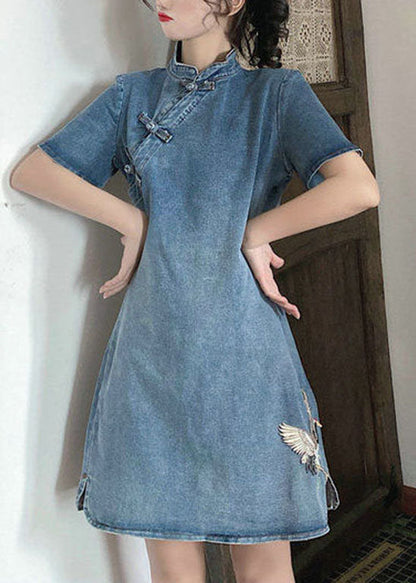 Blue Stand Collar Button Embroideried Denim Dresses Short Sleeve
