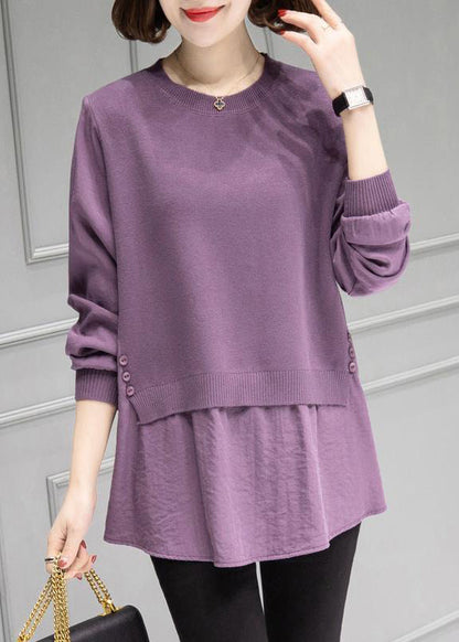 Organic Purple O-neck Patchwork Thick Knit Sweater Fall