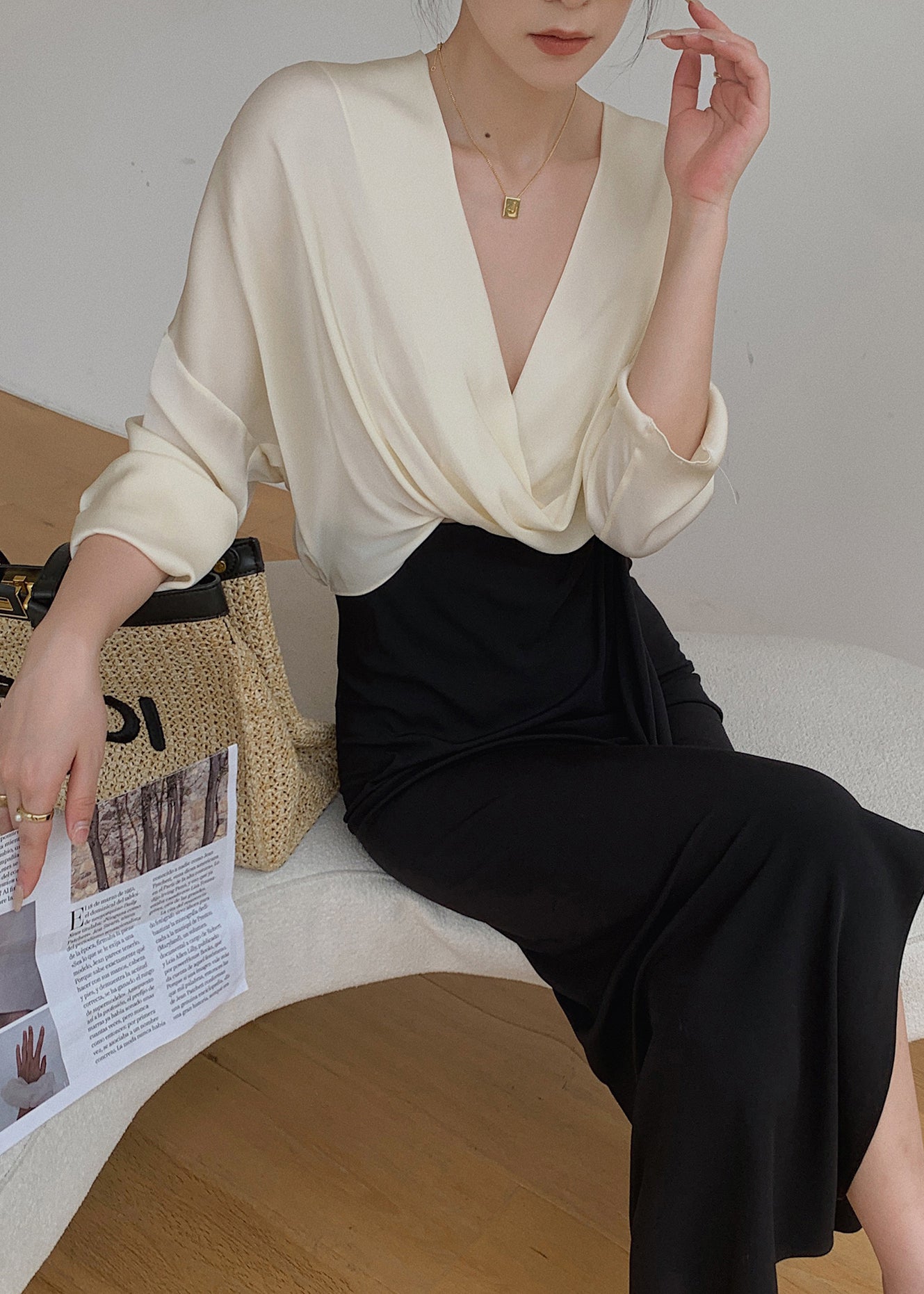 New Beige V Neck Chiffon Shirts Batwing Sleeve