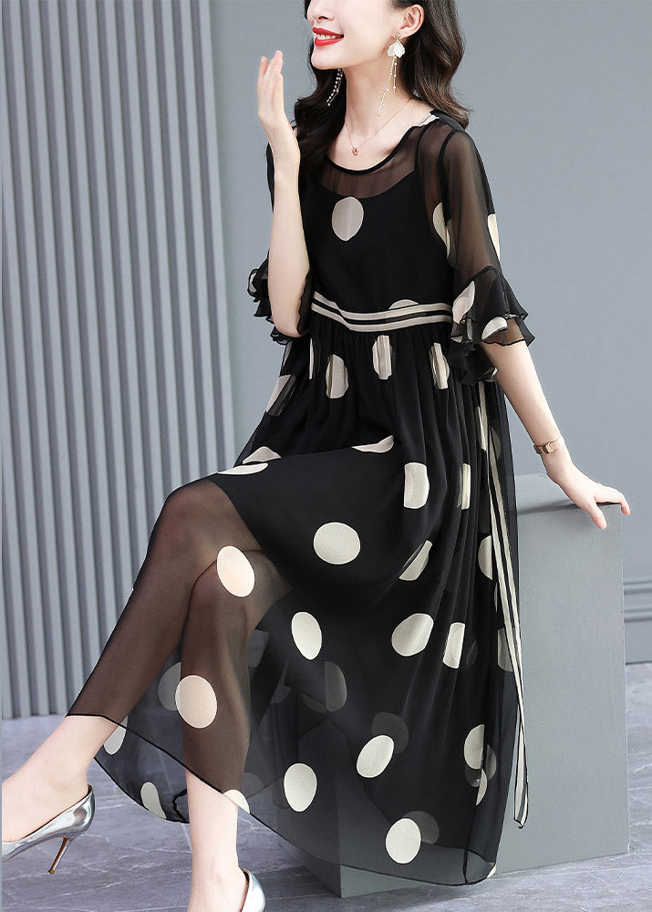French Black O-neck Dot Print Silk Dress Two Pieces Set Flare Sleeve
