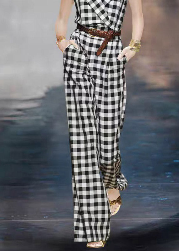 Fitted Black White Plaid Notched High Waist Sashe Jumpsuits Summer