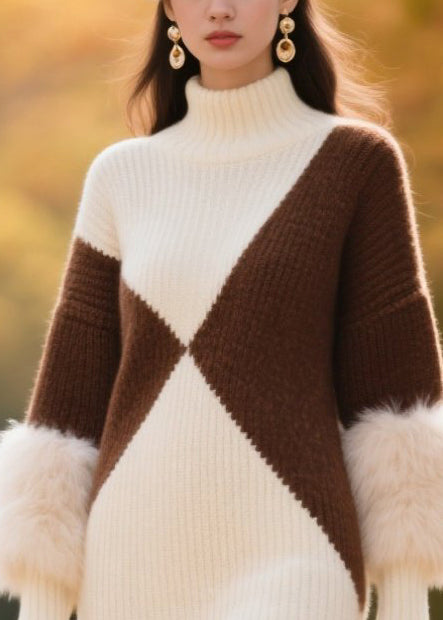 Diy White Turtle Neck Patchwork Faux Fur Knitwear Dress Winter