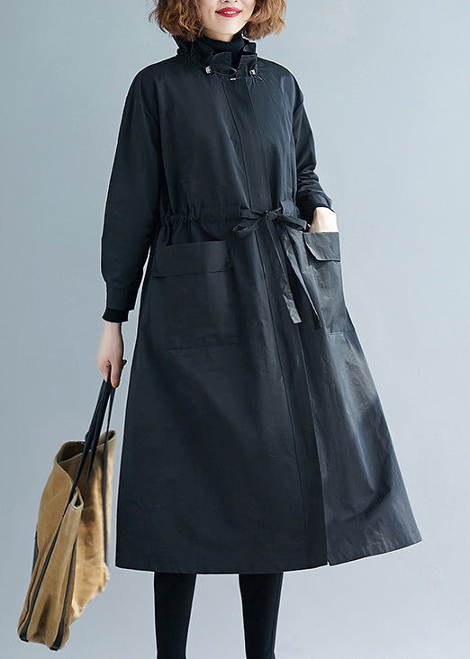 Black Ruffled Pockets Patchwork Cotton Trench Coats Fall