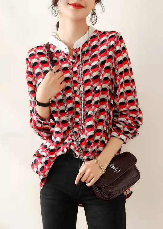 Red Stand Collar Print Chiffon Shirt Top Long Sleeve