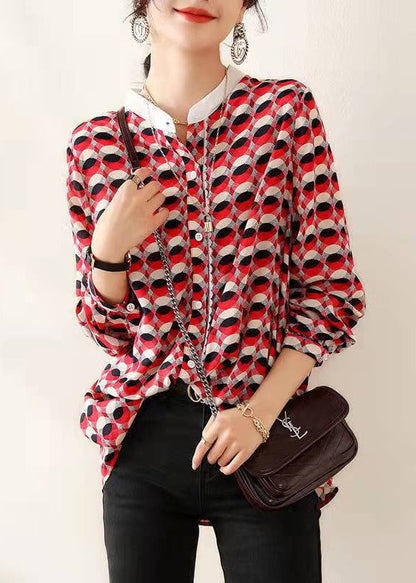 Red Stand Collar Print Chiffon Shirt Top Long Sleeve