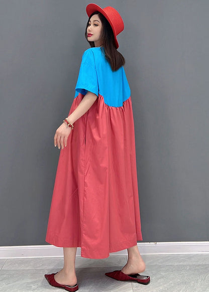 Simple Blue Red Oversized Patchwork Cotton a Line Dress Short Sleeve