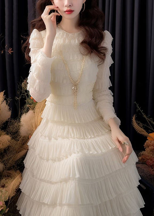 Italian White High Waist Chiffon Dresses Long Sleeve
