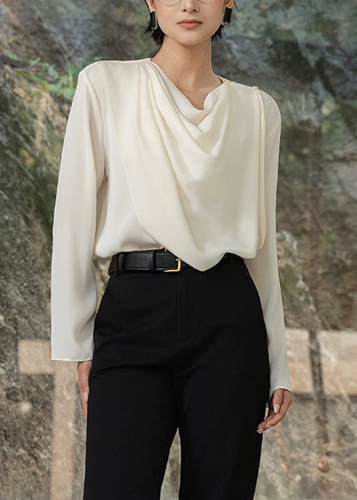 Apricot Asymmetrical Wrinkled Cotton Shirts O-neck