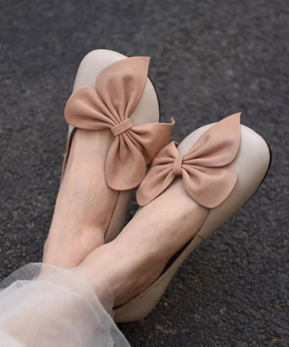 French Bow Splicing Penny Loafers Beige Faux Leather