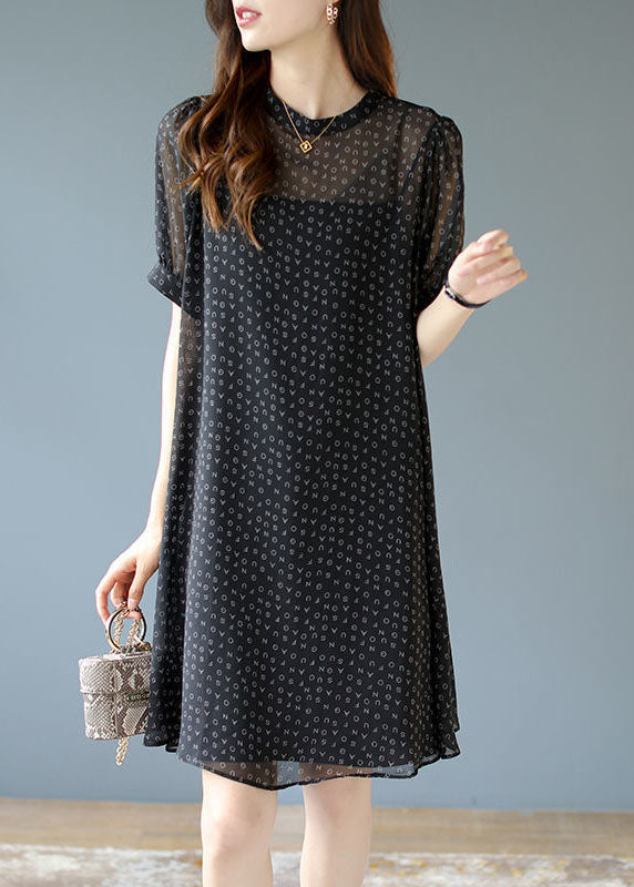 Handmade Black O-neck Letter Print Chiffon Two Piece Set Summer