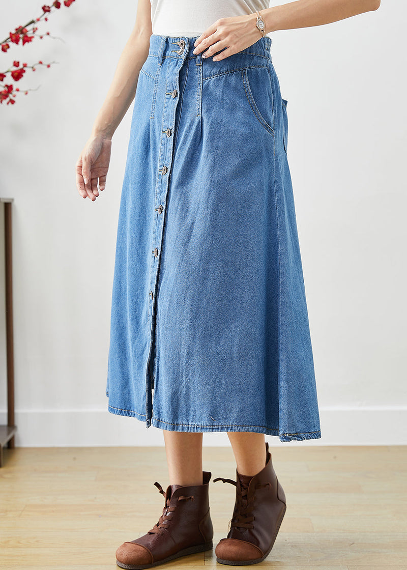 Modern Blue High Waist Button Down Denim a Line Skirts Fall