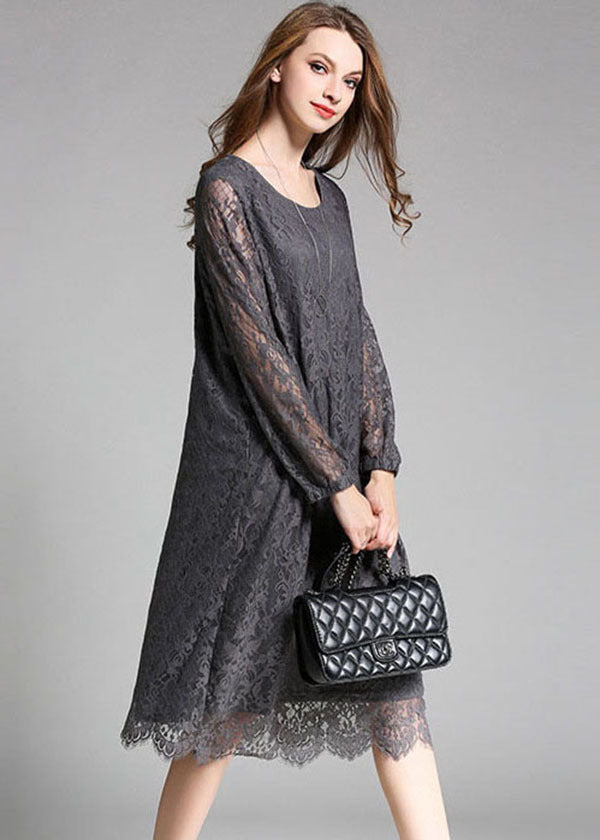 Grey Lace Party Dress O-neck Hollow Out Long Sleeve