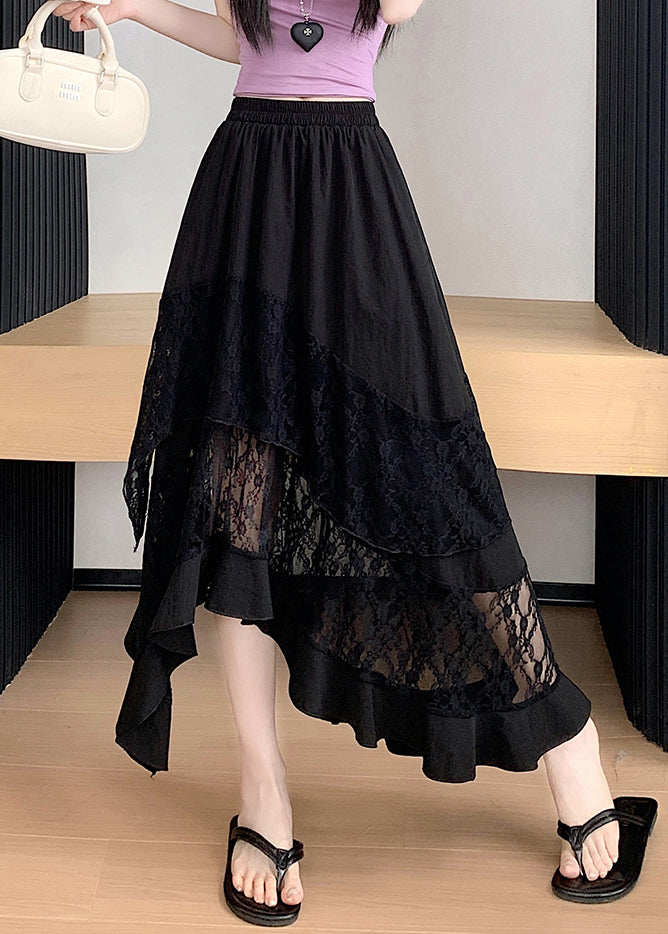 Black Asymmetrical Lace Patchwork Cotton Skirts