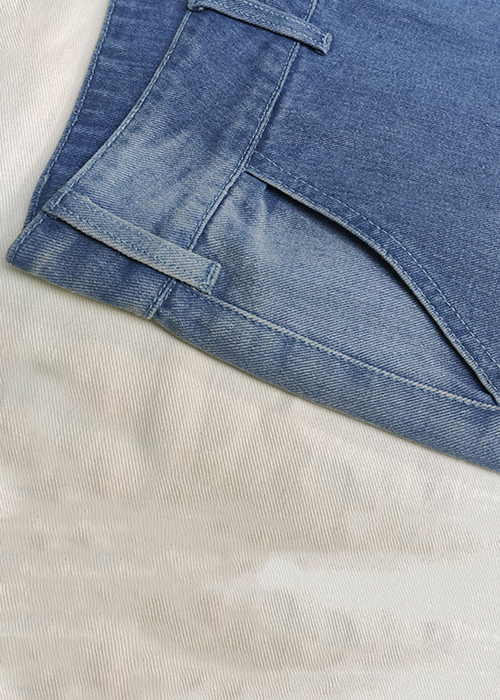 Simple Blue Pockets High Waist Denim Wide Leg Pants Summer