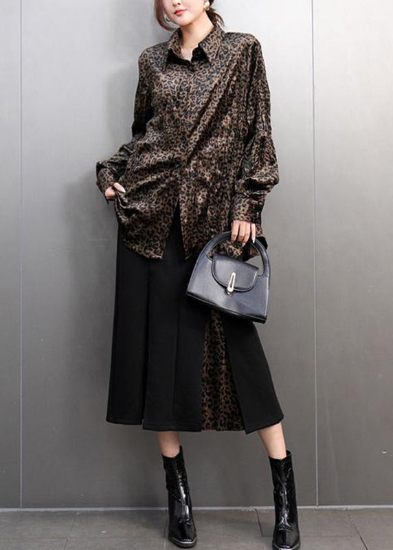 Leopard Peter Pan Collar Button Shirts and Maxi Skirts Two Pieces Set Spring
