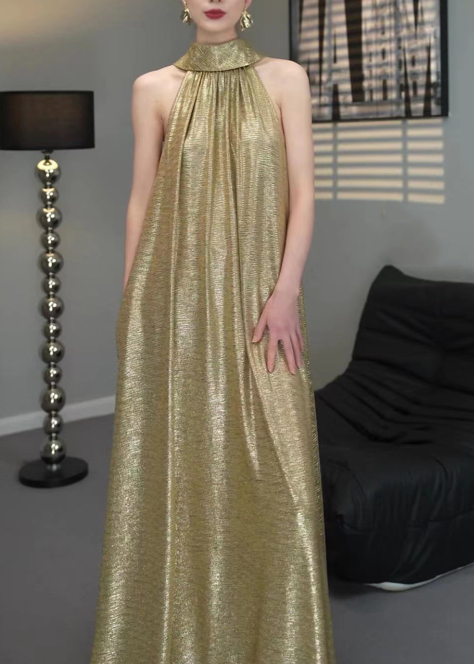 Gold Halter Wrinkled Long Dress Sleeveless